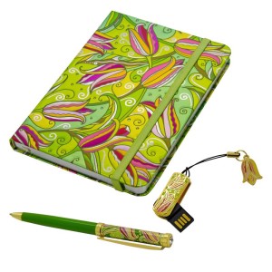 Подарочный набор "Лейла" записная книжка, ручка и usb флешка 8 гб - зеленый цвет