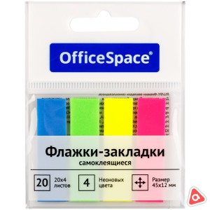 Закладки для книг 4 цв OFFICE SPACE 12x45mm (прямоугольные, пластиковые) 4 цв х 20 листов /54064