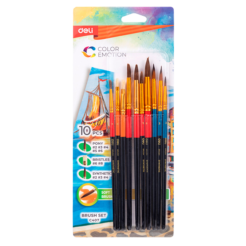 Кисточки в наборе 10 шт "DELI" Color Emotion (Пони №2,3,4,5,6, Щетина №6,8, Синтетика №2,3,4) /С407