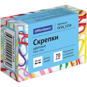 Скрепки 28 мм/ 70 шт OfficeSpace цветные 2258 / уп 10 шт