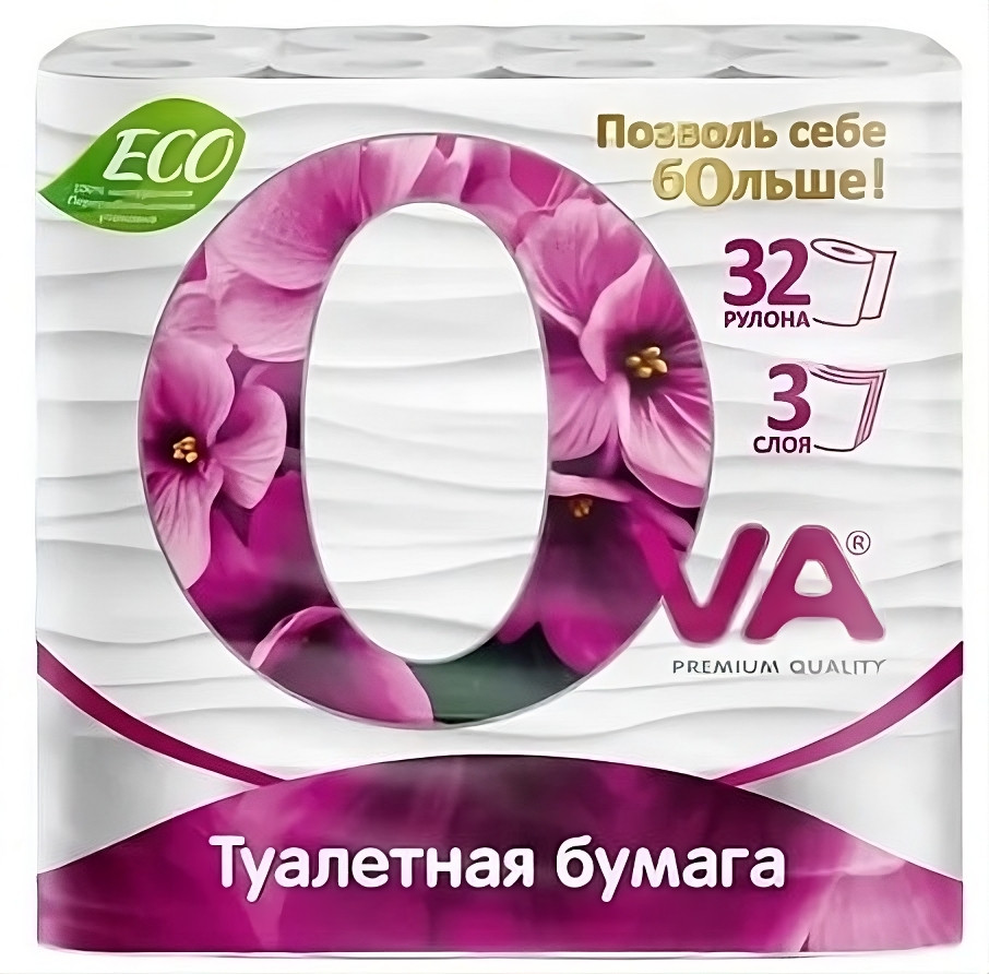 Бумага туалетная "OVA" 3-х слойная (белая) /уп 32 шт